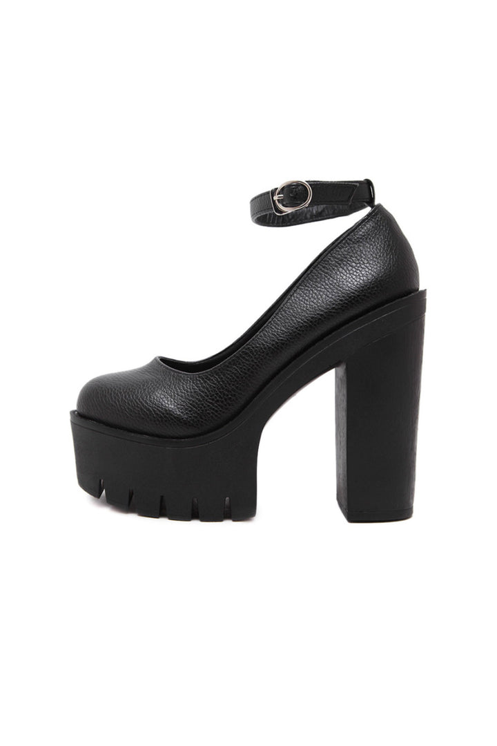 Platform Round Toe Chunky Heeled Ankle Strap Mary Janes, Platform Faux Leather Heeled Pumps, Available in Black & White