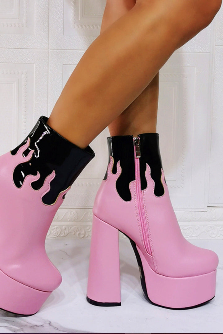 Chunky Platform Flared Heel Ankle Boots, Patent Faux Leather Black & Pink Heeled Boots, Flame Design