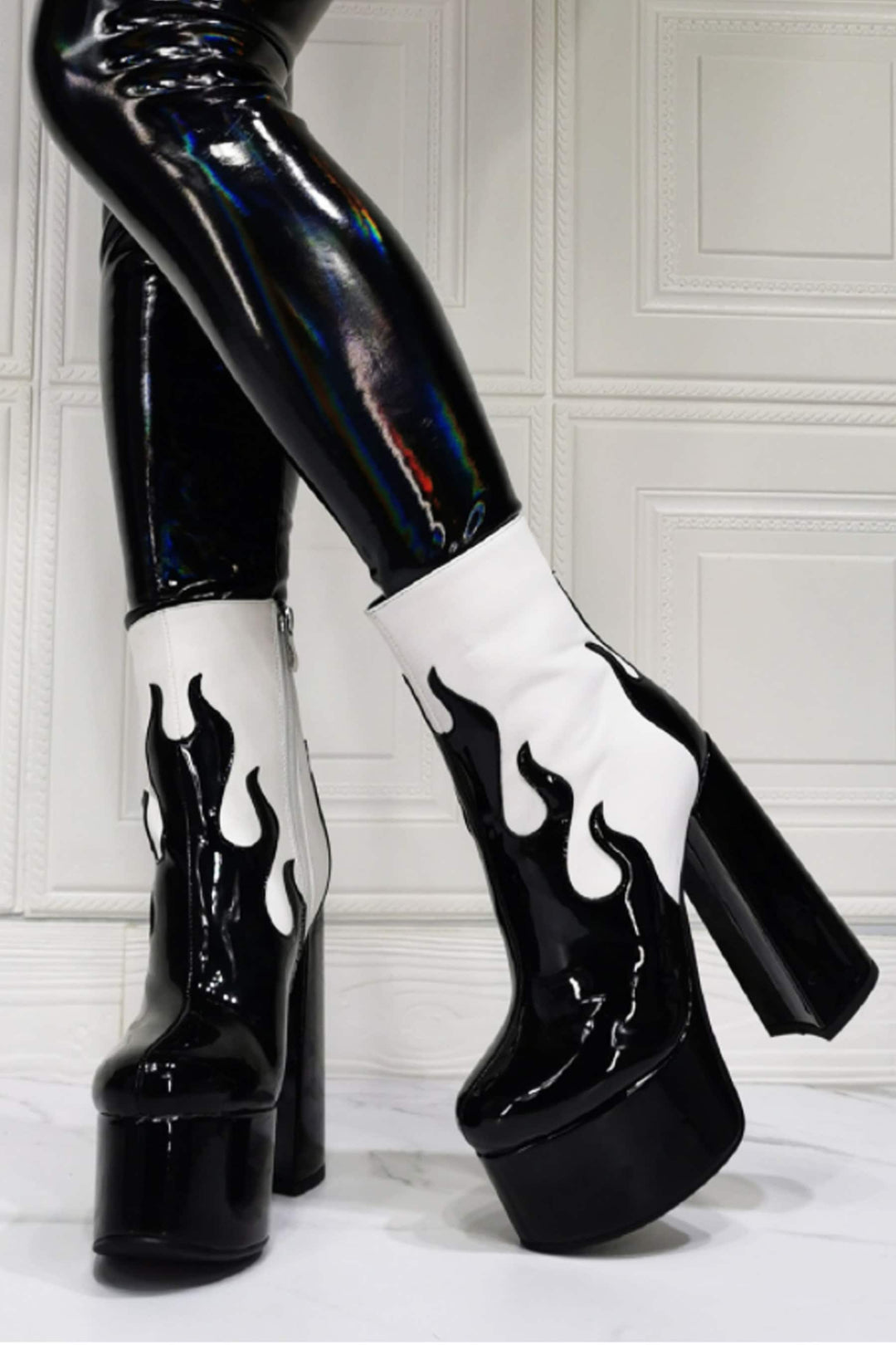 Chunky Platform Flared Heel Ankle Boots, Patent Faux Leather Black & White Heeled Boots, Flame Design