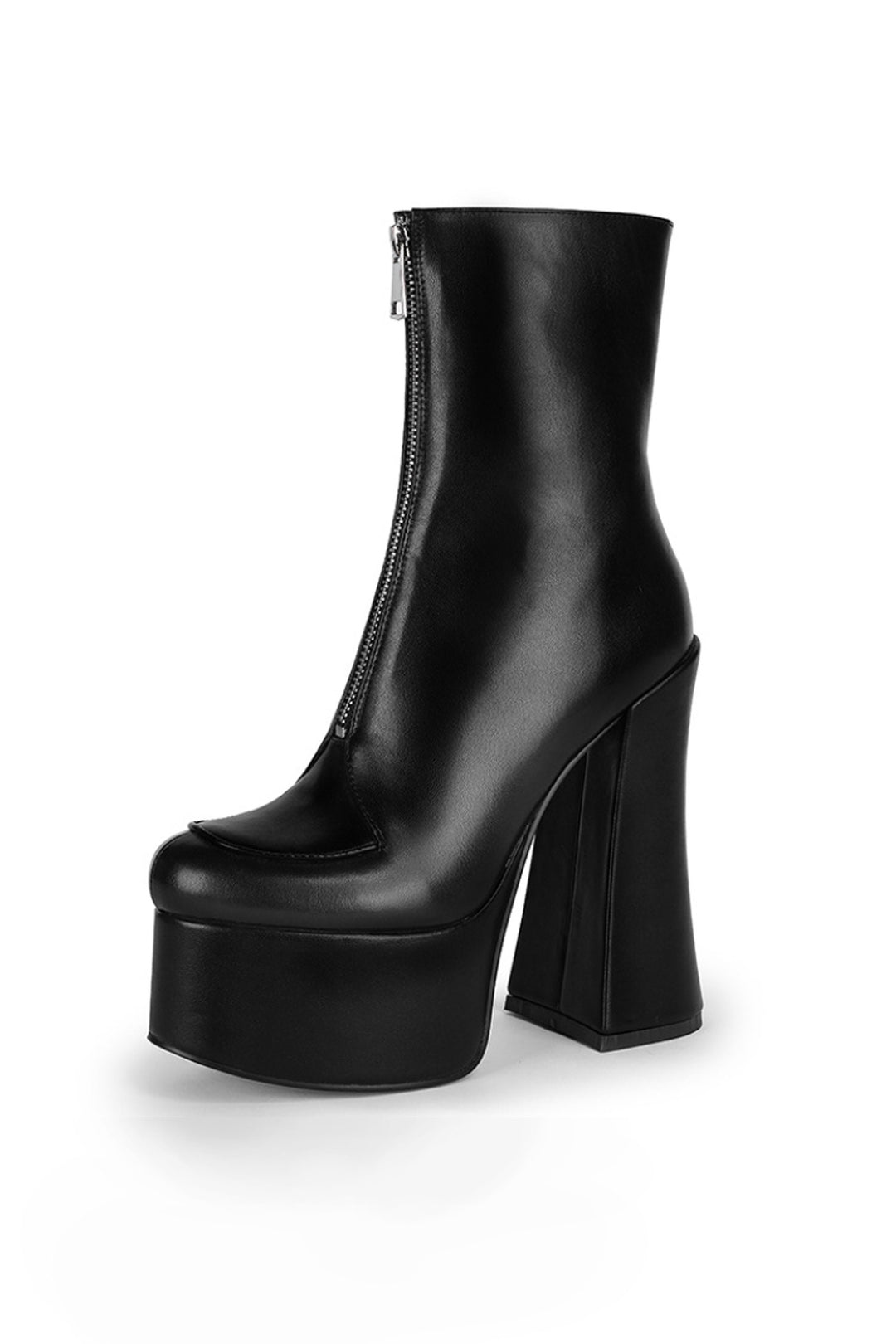 Treaded Platform Sole Heeled Sock Boots, Front Zip, Black Faux Leather, Chunky Platform Heels