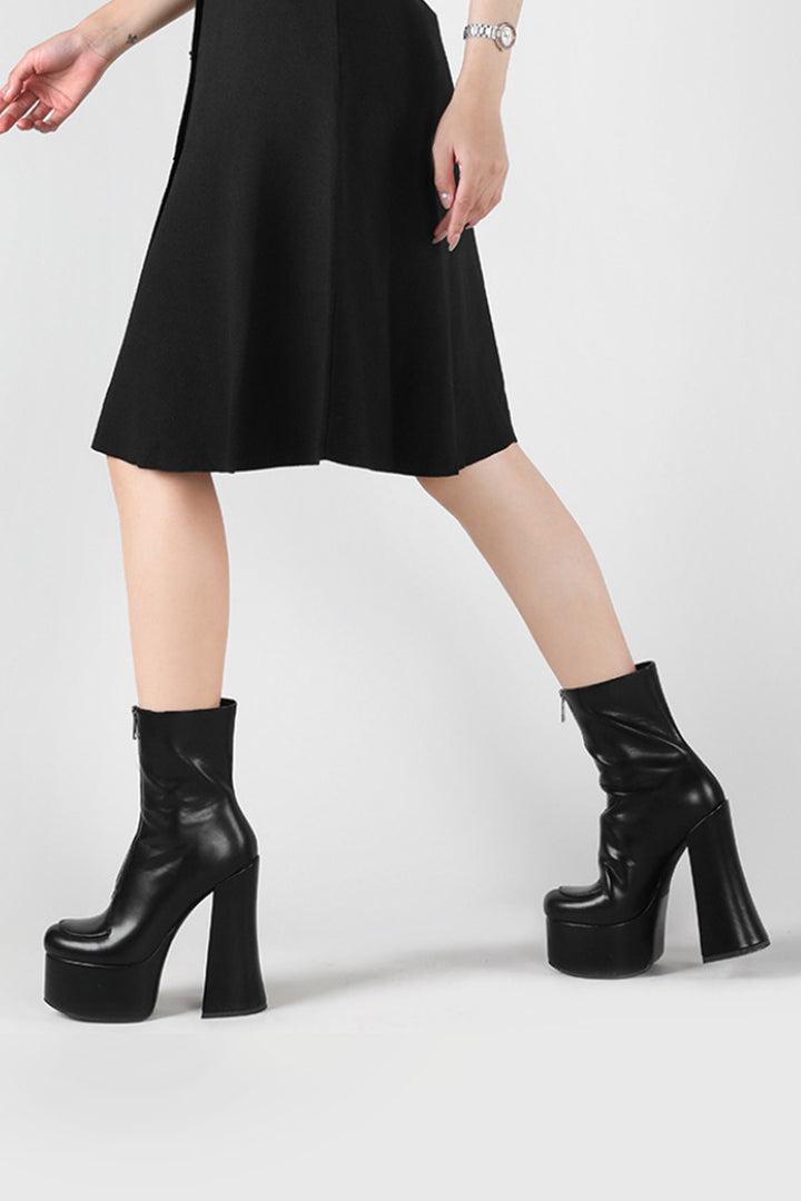 Treaded Platform Sole Heeled Sock Boots, Front Zip, Black Faux Leather, Chunky Platform Heels