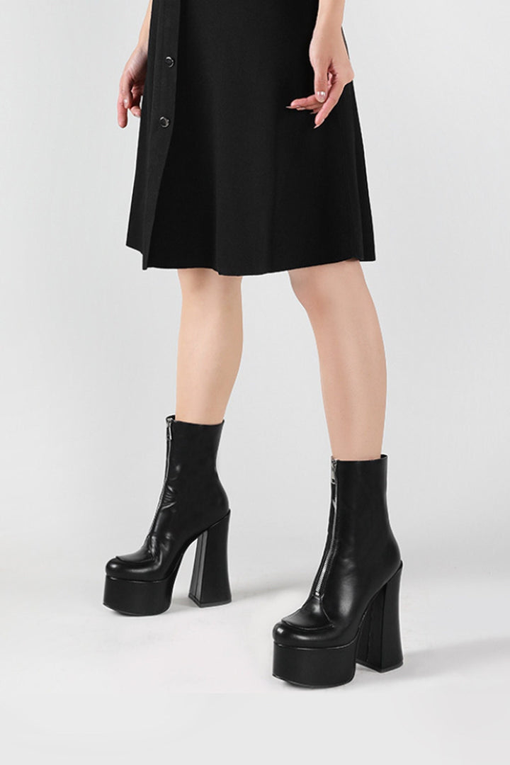 Treaded Platform Sole Heeled Sock Boots, Front Zip, Black Faux Leather, Chunky Platform Heels