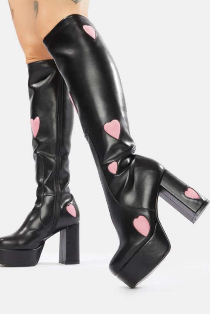 Platform Knee High Heart Print Block Heeled Boots, Side Zips, Black Faux Leather