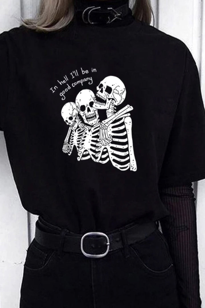 Graphic Skeleton Design Oversized Baggy Black Tee, Gothic Skull & Bones T-Shirt Top