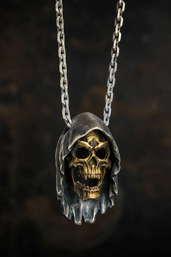 Skull Pendant Necklace, Gold & Antique Silver Finish, Grim Reaper, Men's Fashion, Punk, Biker, Halloween,  Gift (48 Hour Dispatch)