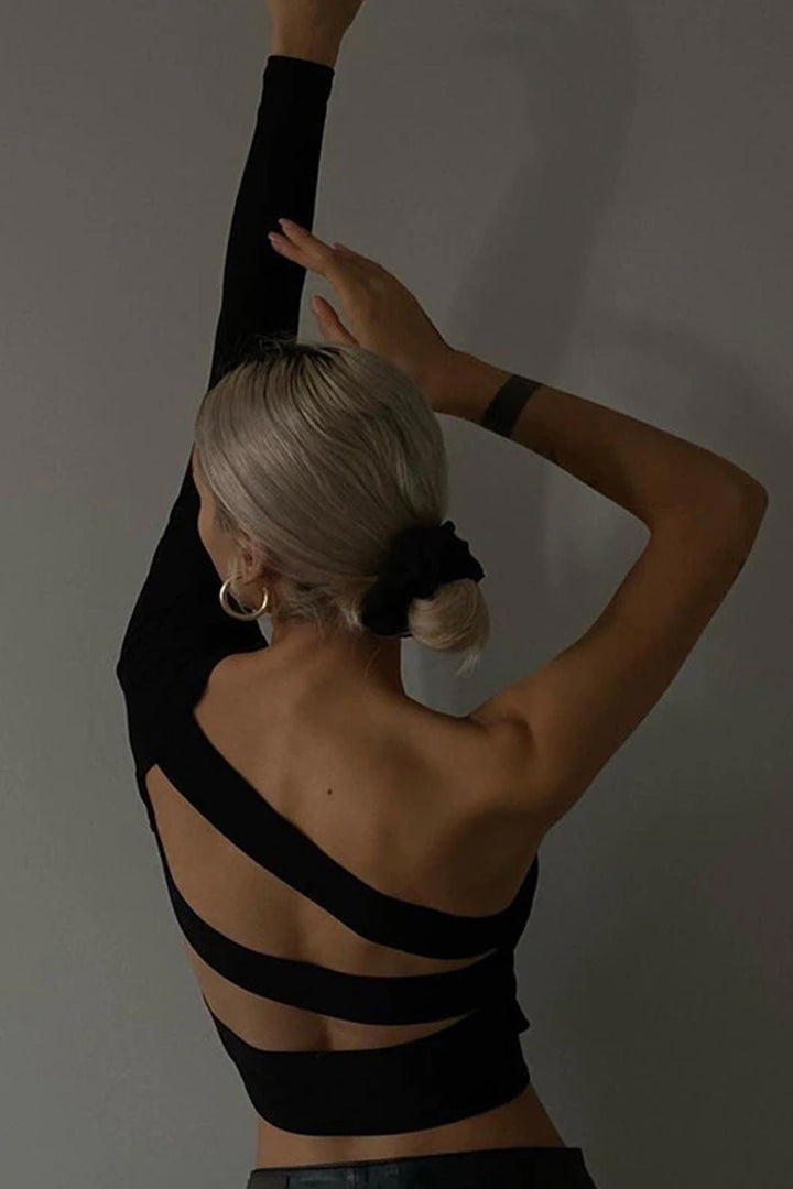 Black One Shoulder Backless Cut Out Crop Top