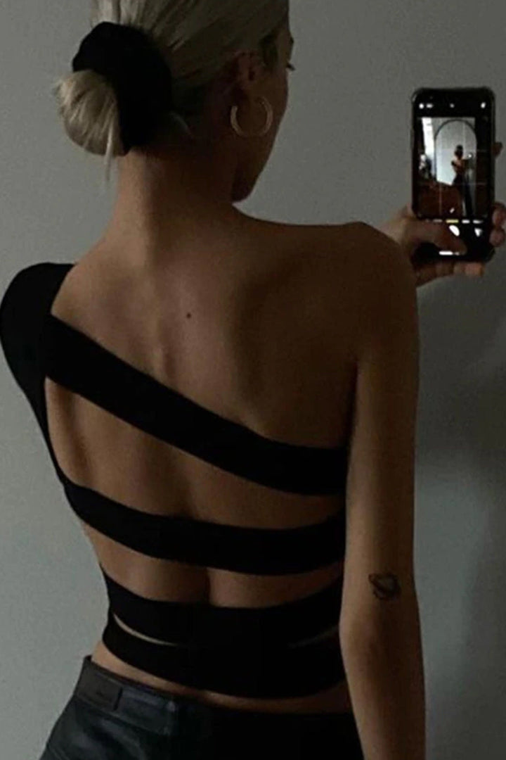 Black One Shoulder Backless Cut Out Crop Top