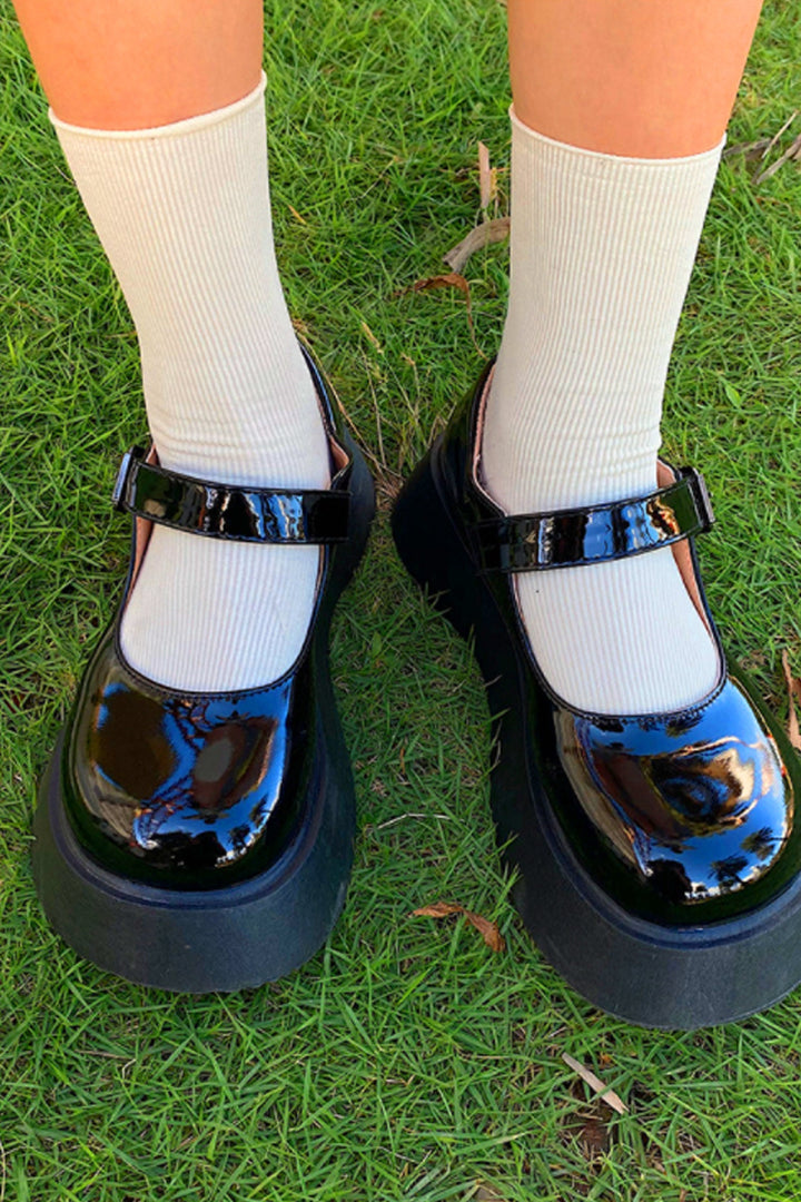 Mary Janes, Chunky Platform Shoes, Patent Black & White Shoes, Ankle Buckle Strap