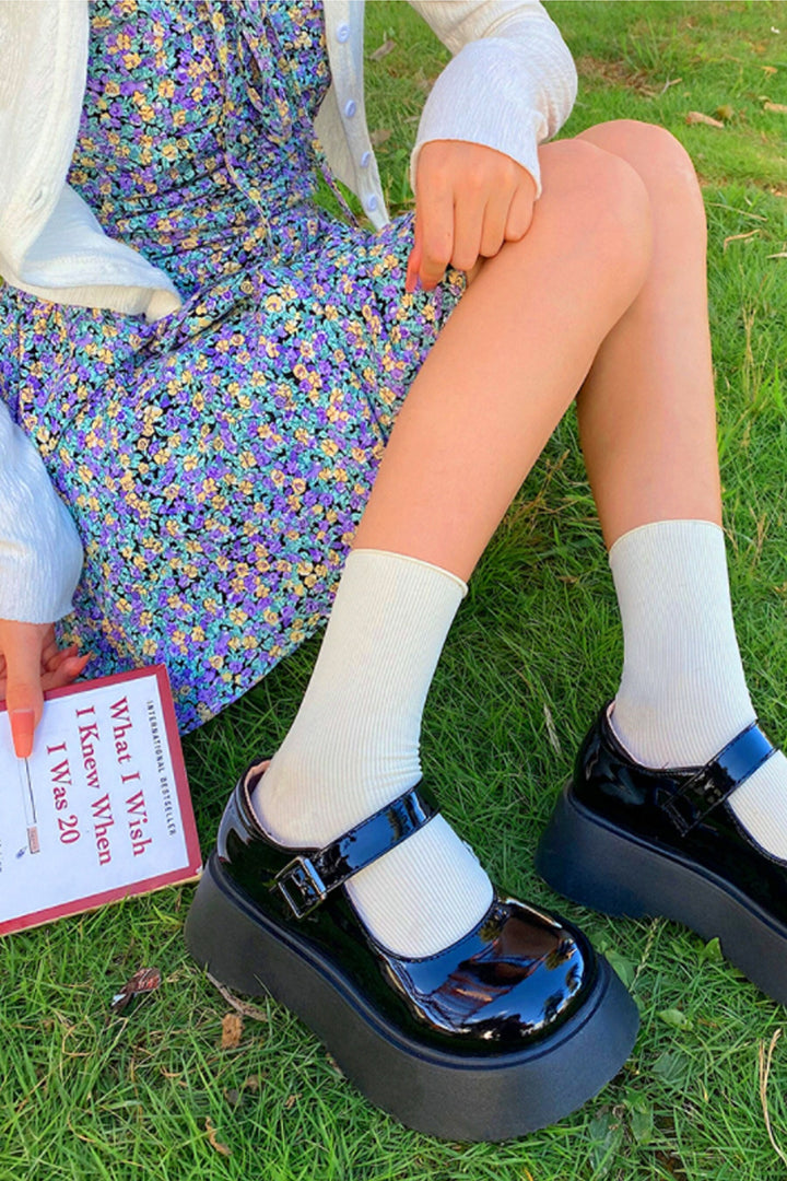 Mary Janes, Chunky Platform Shoes, Patent Black & White Shoes, Ankle Buckle Strap