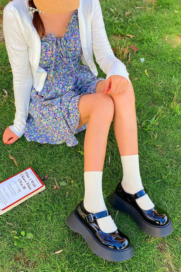 Mary Janes, Chunky Platform Shoes, Patent Black & White Shoes, Ankle Buckle Strap