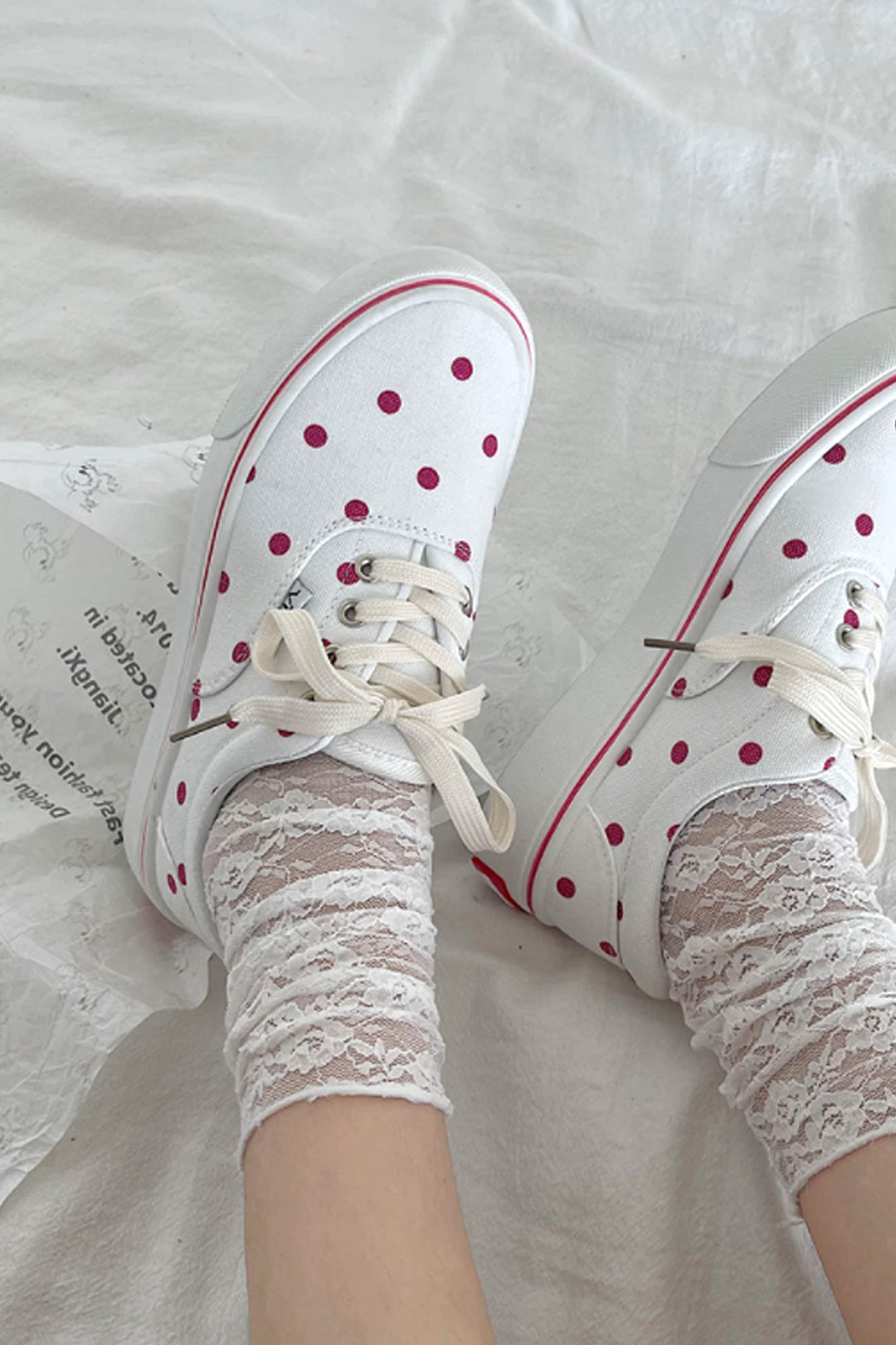 White Sneakers, Red Polka Dot Design, Canvas Shoes, Lace Up Shoes