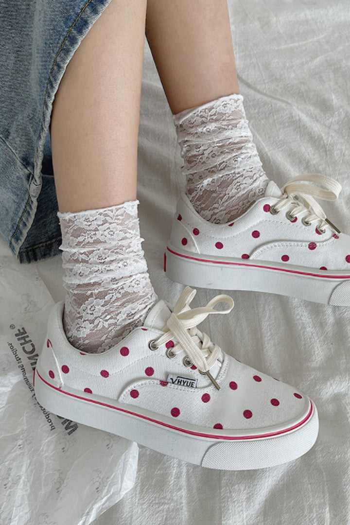 White Sneakers, Red Polka Dot Design, Canvas Shoes, Lace Up Shoes