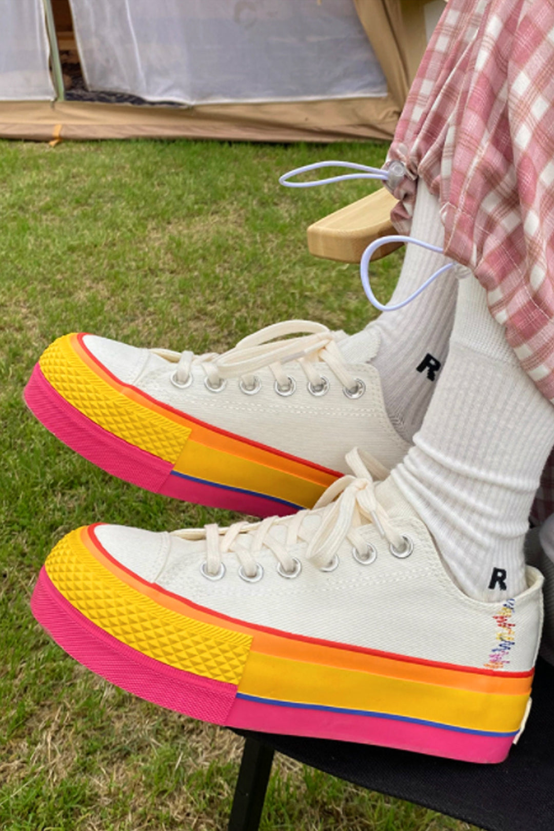 Chunky Rainbow Platform Heel Ox White Sneakers, Platform Canvas Shoes, Unisex Trainers