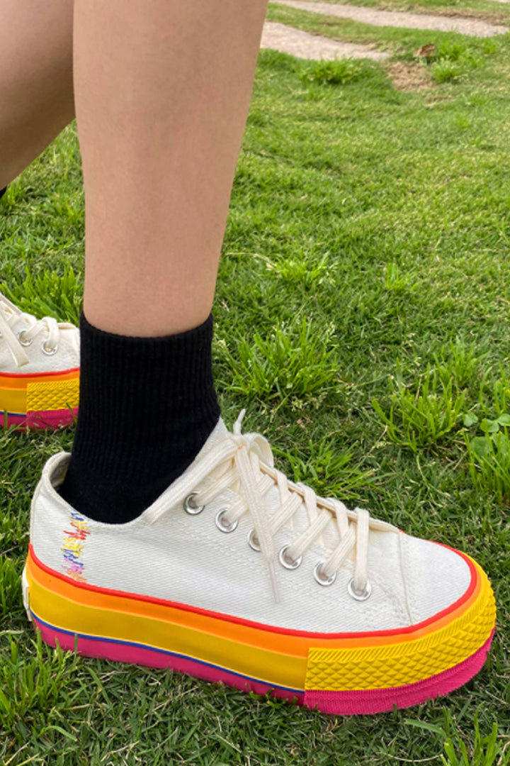 Chunky Rainbow Platform Heel Ox White Sneakers, Platform Canvas Shoes, Unisex Trainers