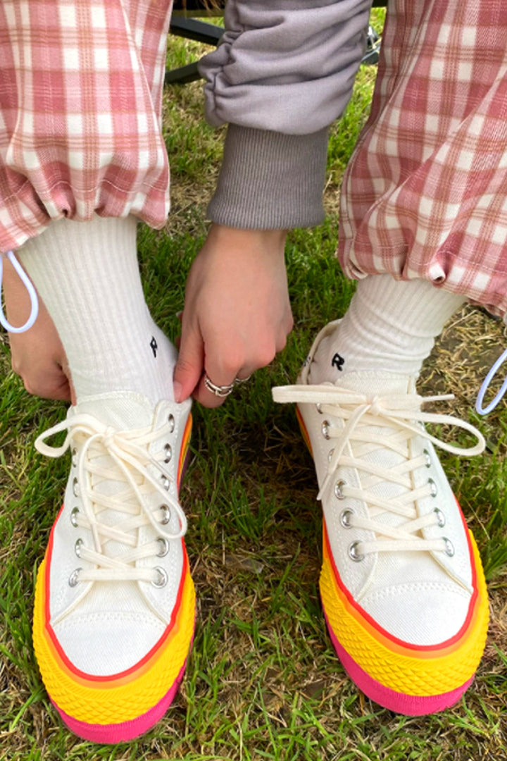 Chunky Rainbow Platform Heel Ox White Sneakers, Platform Canvas Shoes, Unisex Trainers