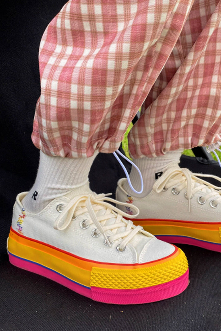 Chunky Rainbow Platform Heel Ox White Sneakers, Platform Canvas Shoes, Unisex Trainers