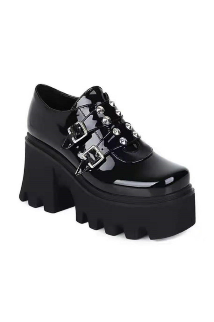 Chunky Treaded Platform Oxford Shoes, High Block Heel, Available in Black Patent & Silver Patent