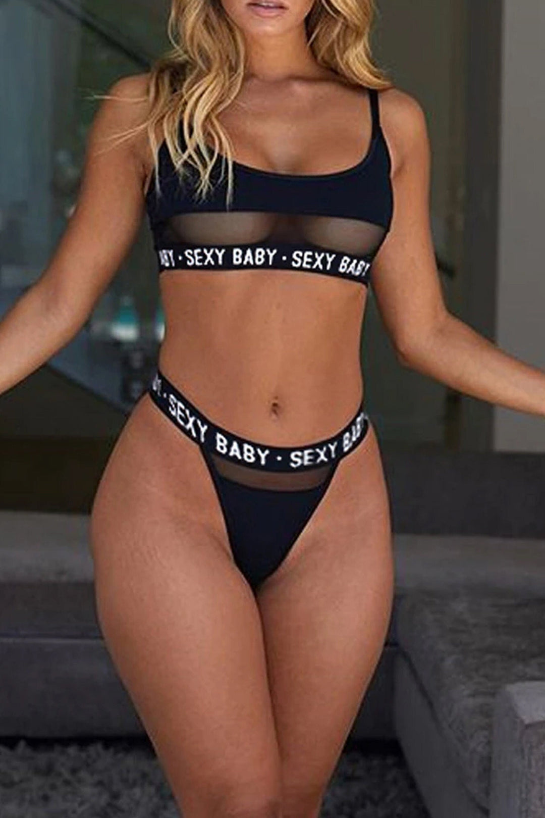 Two Piece Lingerie Set, Push-Up Bra, Thong, Graphic Waistband Lettering 'SEXY BABY', Available in White, Black & Red