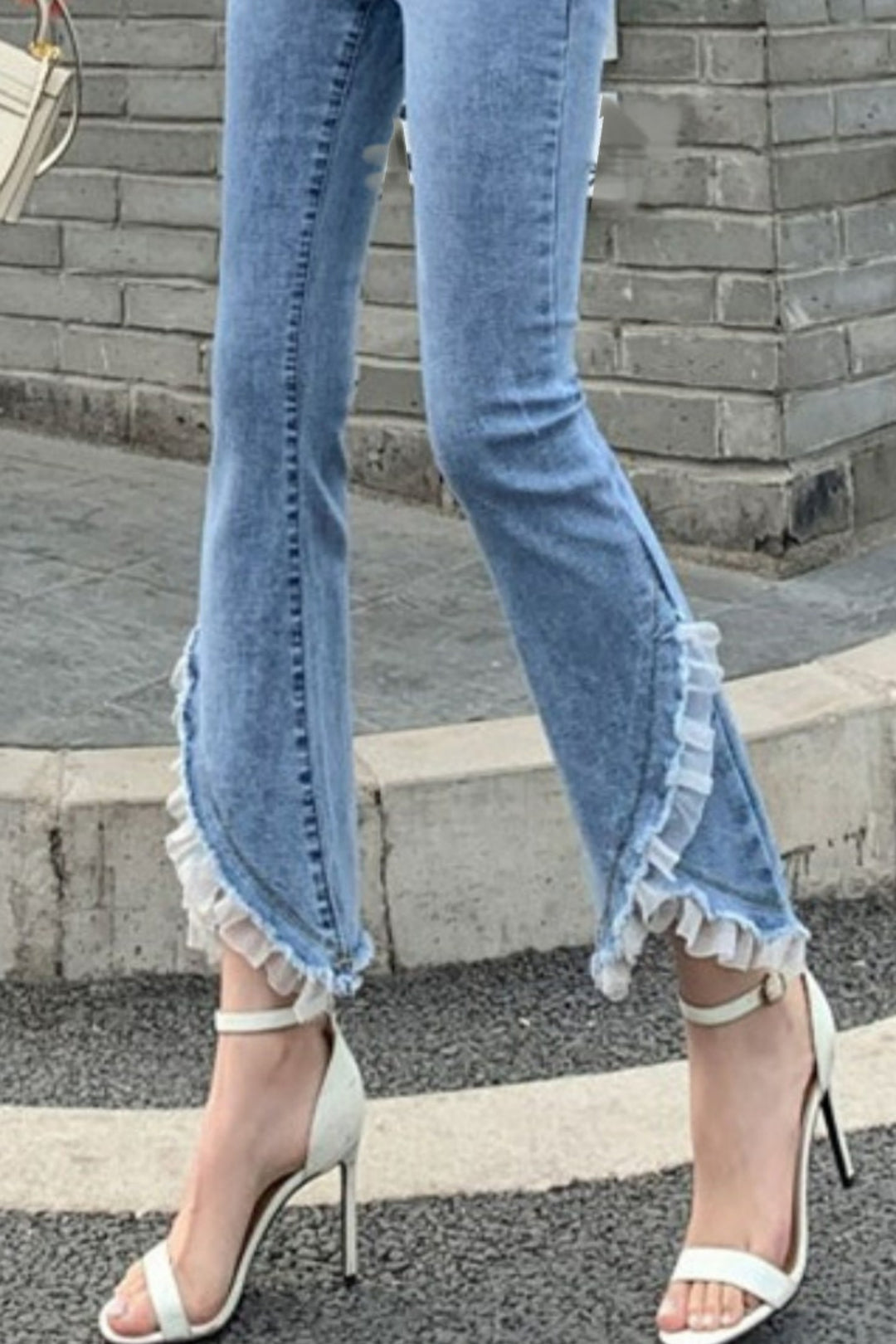 Lacy Mesh Lettuce Hem Detail Denim Jeans, Blue Wash High Rise Mom Jeans