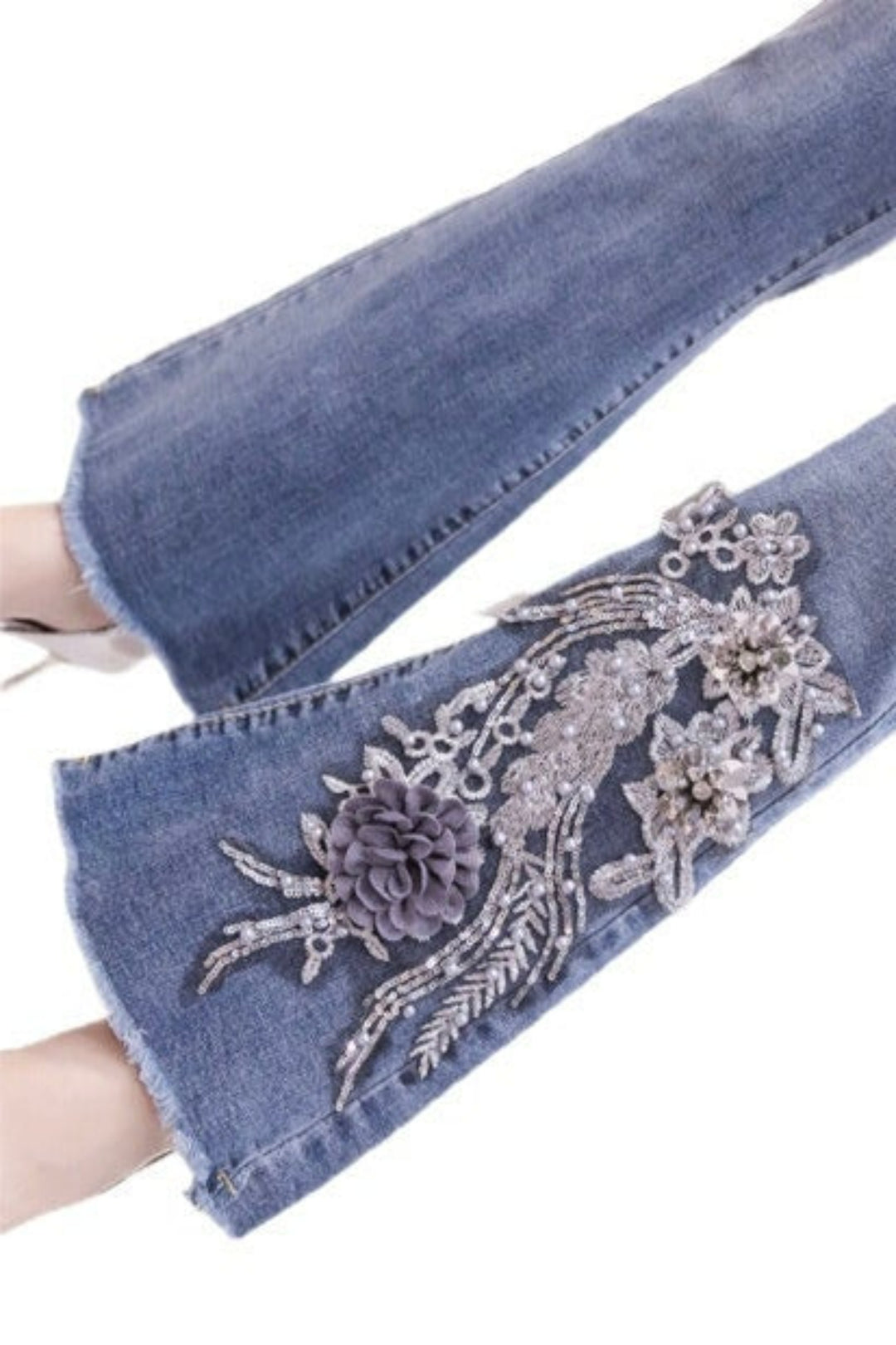 Silver & Black Floral Embellished Flare Frayed Hem Denim Jeans, High Rise Medium/Dark Wash Jeans