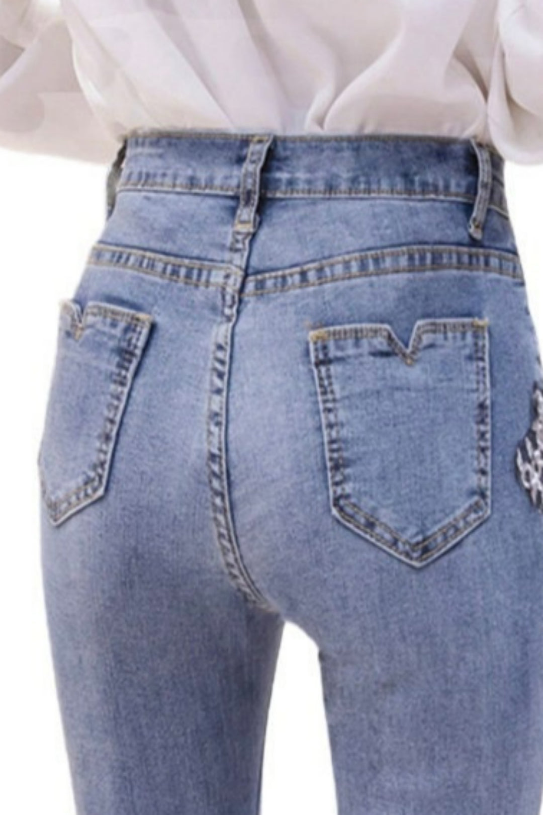 Silver & Black Floral Embellished Flare Frayed Hem Denim Jeans, High Rise Medium/Dark Wash Jeans