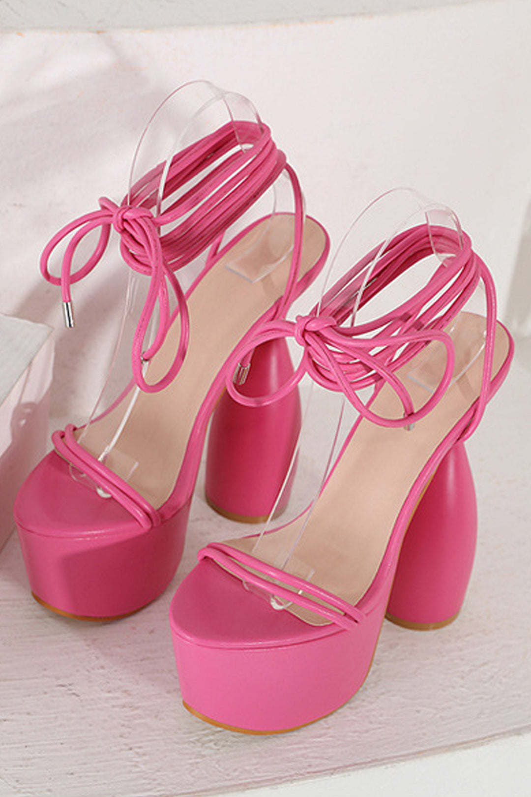 Bubblegum Pink Lace Up Cylinder Extreme Platform Heels, Strappy Sandal Platform Heels