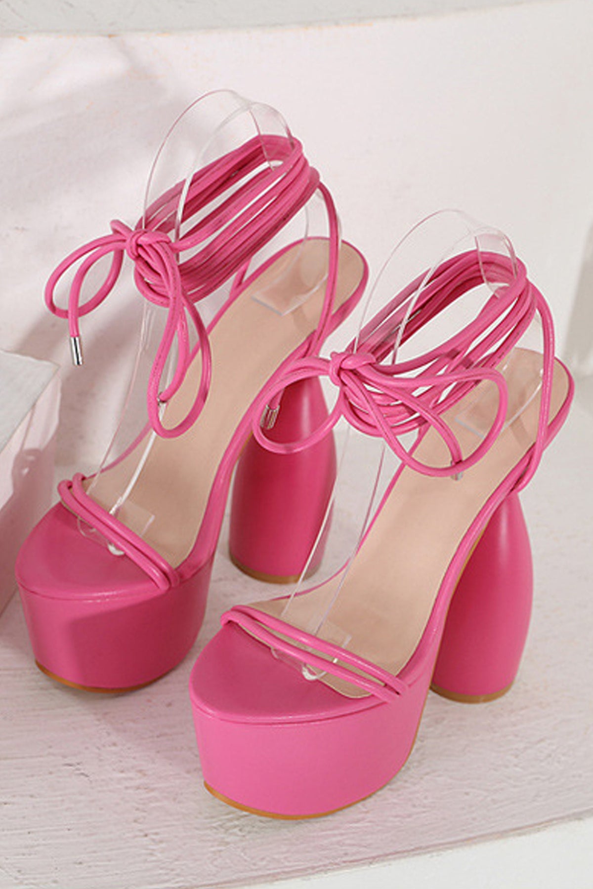 Bubblegum Pink Lace Up Cylinder Extreme Platform Heels Strappy