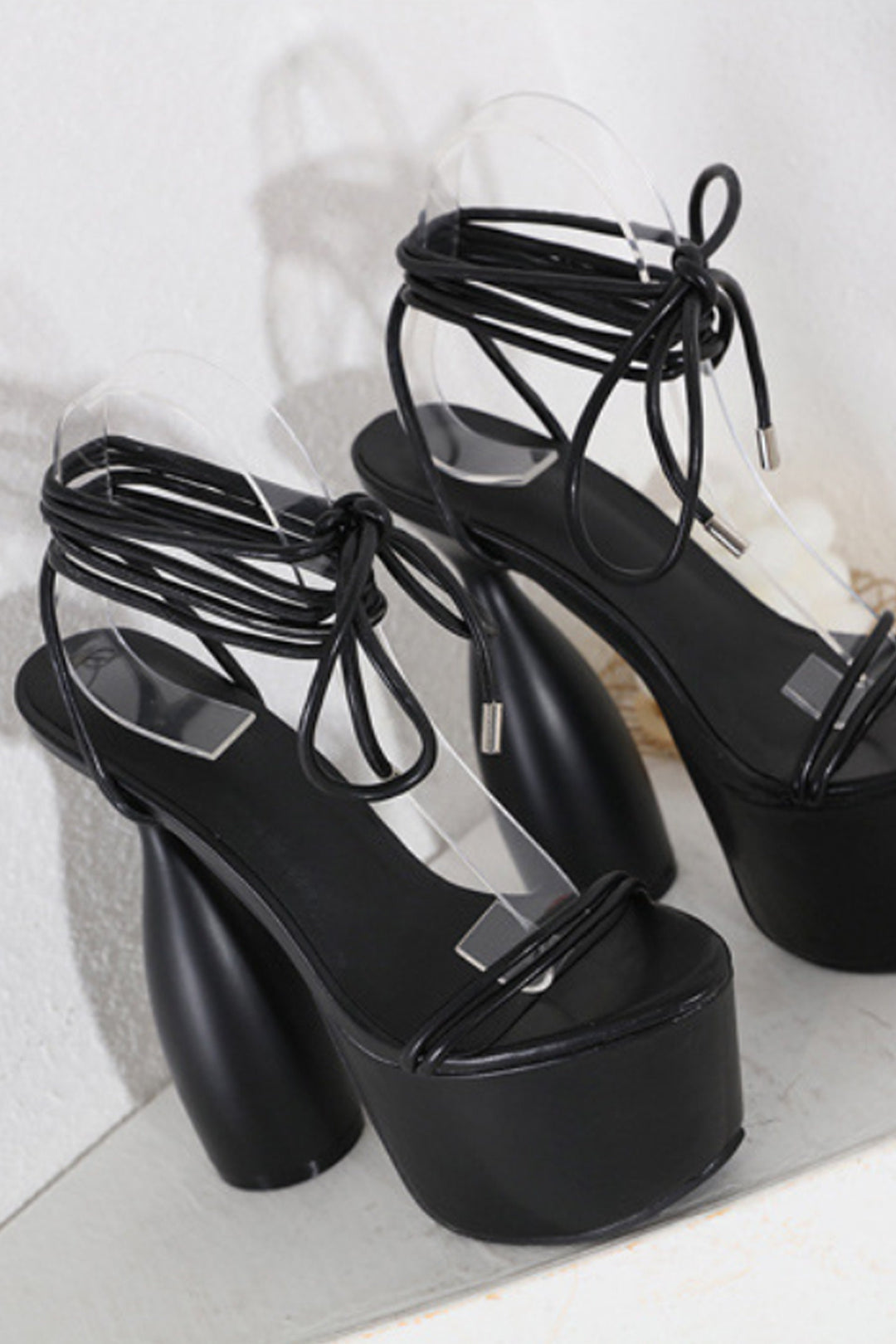 Black Lace Up Cylinder Extreme Platform Heels, Strappy Sandal Platform Heels