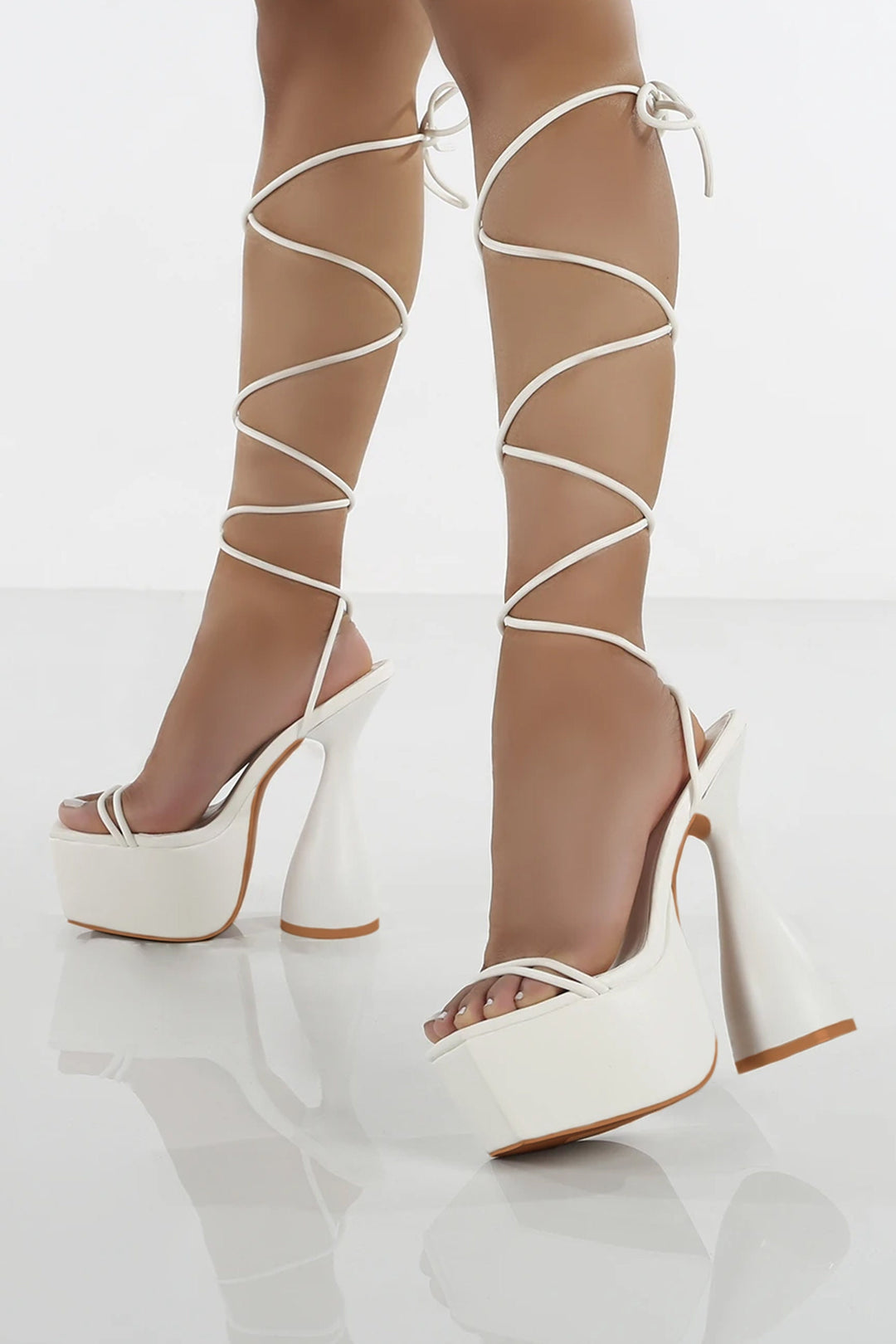 Pearl White Lace Up Cylinder Extreme Platform Heels, Strappy Sandal Platform Heels