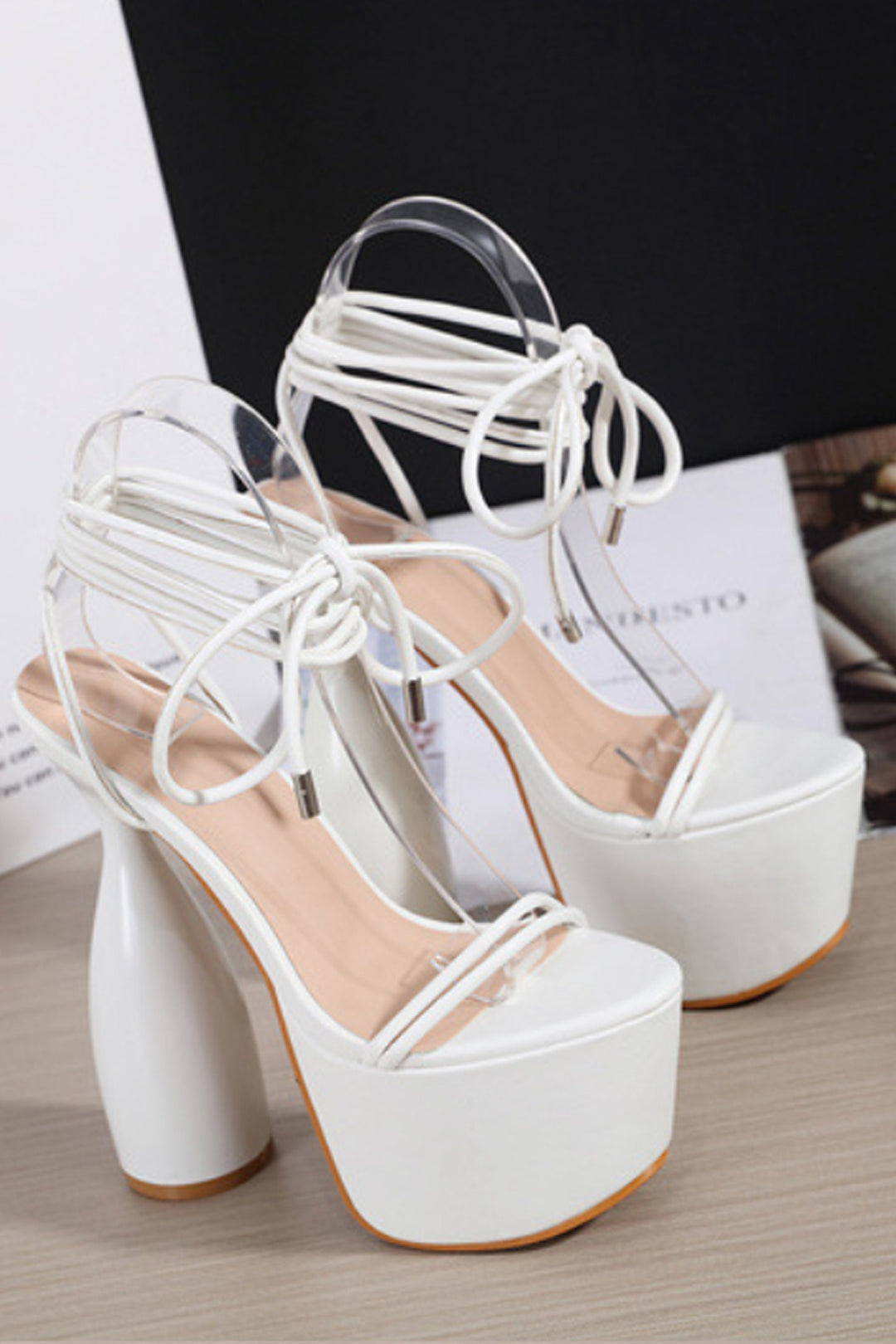 Pearl White Lace Up Cylinder Extreme Platform Heels, Strappy Sandal Platform Heels