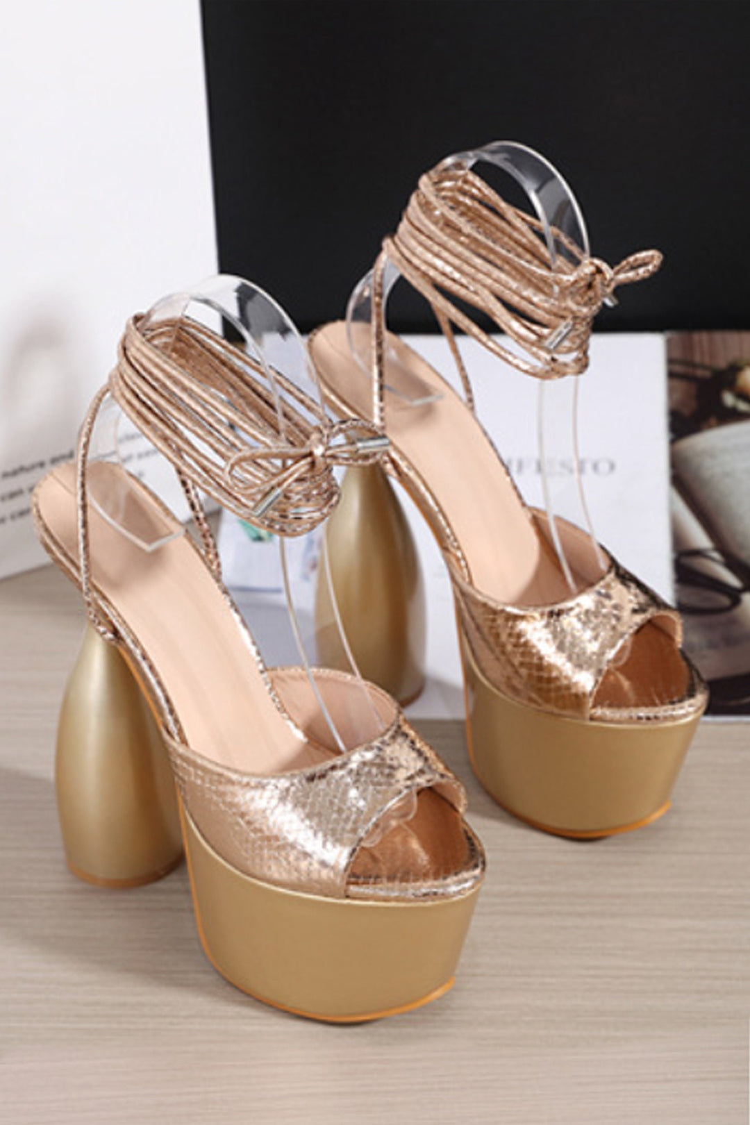 Gold Snake Print Lace Up Cylinder Extreme Platform Heels, Strappy Sandal Platform Heels, Peep Toe Heels