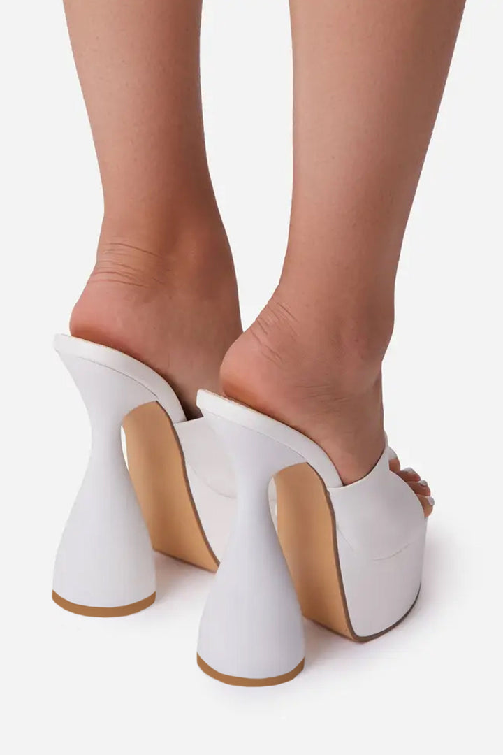 Pearl White Peep Toe Cylinder Platform Heel Mules,  Platform Statement Heel, Faux Leather