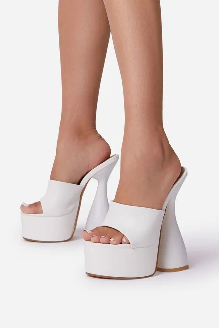 Pearl White Peep Toe Cylinder Platform Heel Mules,  Platform Statement Heel, Faux Leather