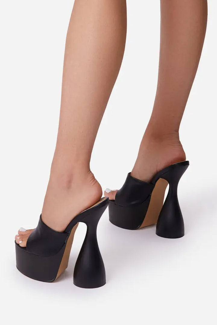 Black Peep Toe Cylinder Platform Heel Mules,  Platform Statement Heel, Faux Leather