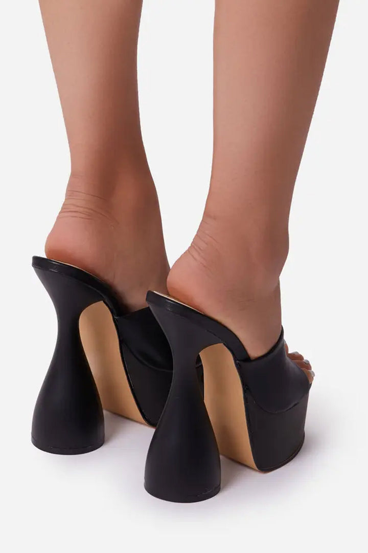 Black Peep Toe Cylinder Platform Heel Mules,  Platform Statement Heel, Faux Leather