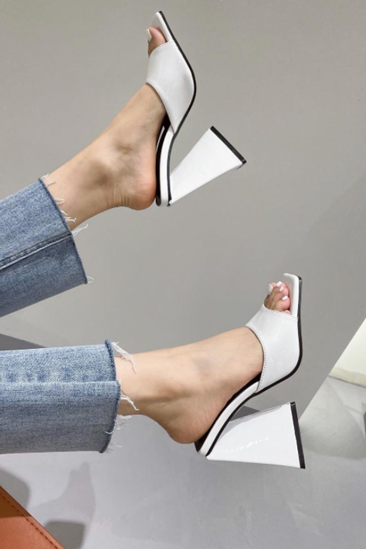 Square Peep Toe Sculptured Flared Block Heel Mule, Available in White & Lime Patent