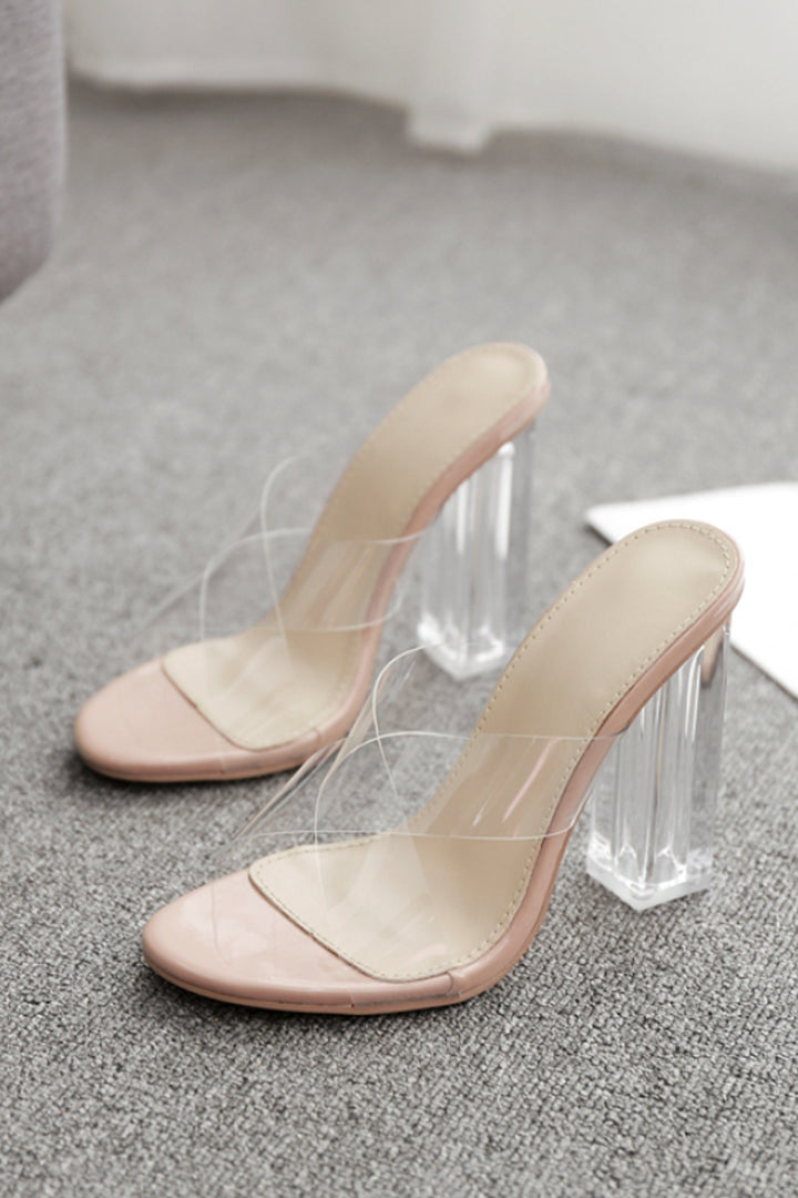 Clear Chunky Heeled Pointed Toe Mule Sandals, Clear Cross Strap Mules, Crystal Block Heel