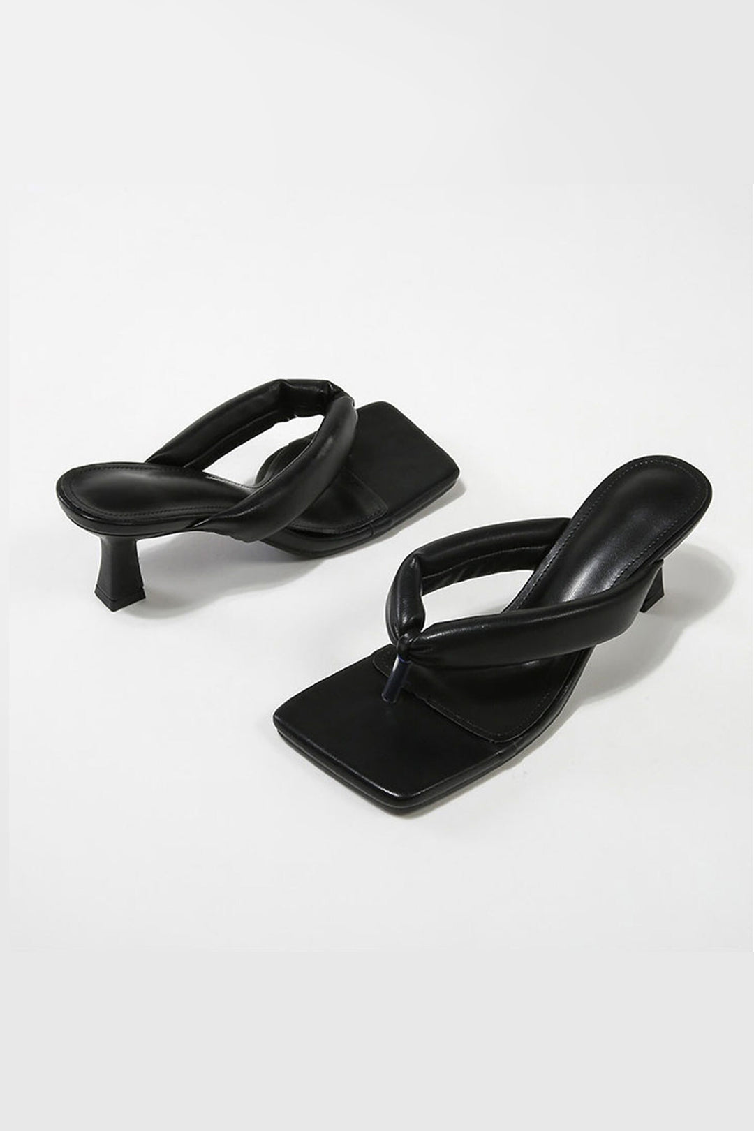 Minimalist Black Thong Stiletto Heeled Sandals, Square Toe Sandal Heels, Flip Flop Heels