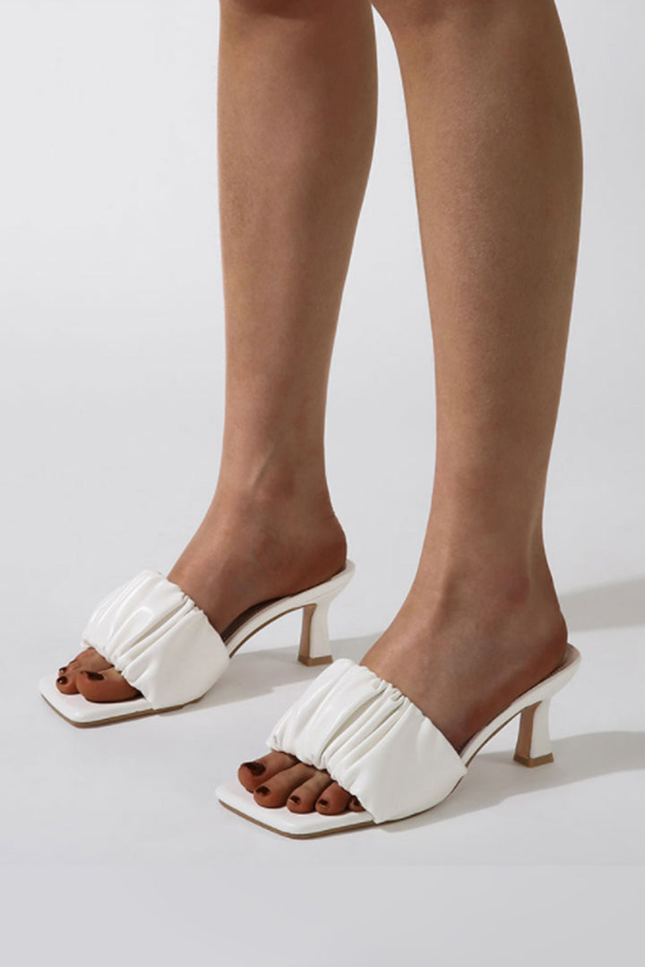 Minimalist Ruched Strap Stiletto Square Toe Heeled Mule Sandals, Stiletto Sandal Mid Heels, Available in Colours Nude & Porcelain