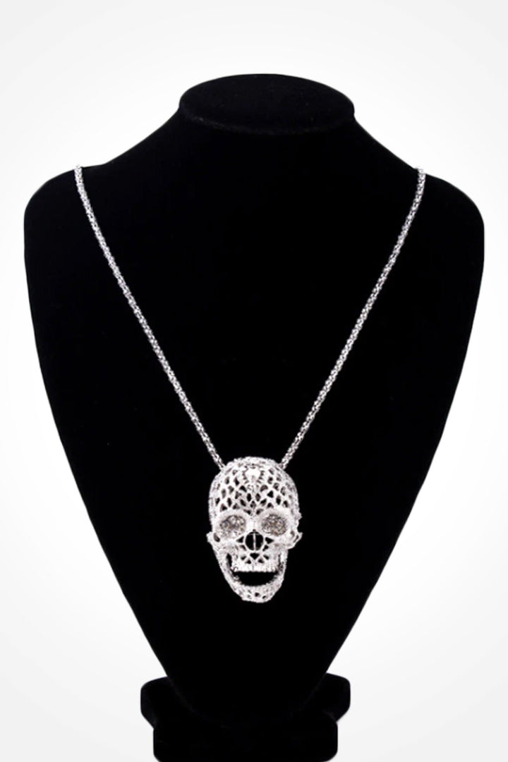 Skull Necklace, Inlaid Rhinestone Crystals, Lower Jaw Moves, Silver Finish, Chain Pendant Skull Necklace. Stunning Gift