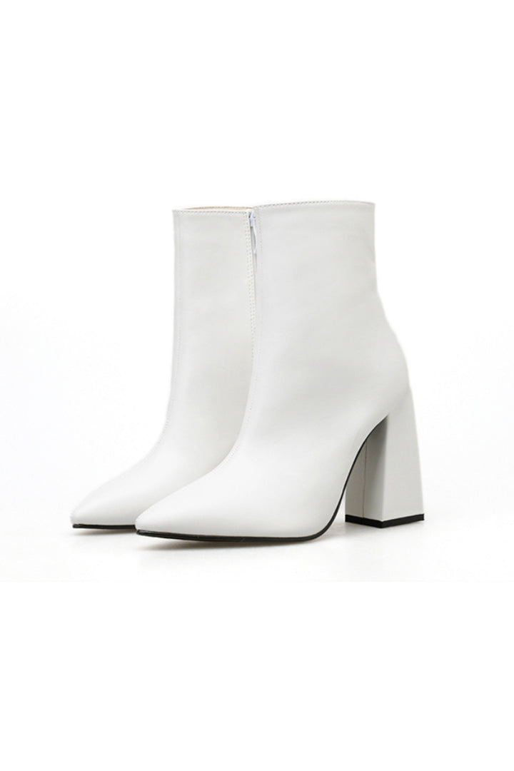 Flared Block Heel Sock Boots, White Pointed Toe Boots, Chunky Heeled Boots