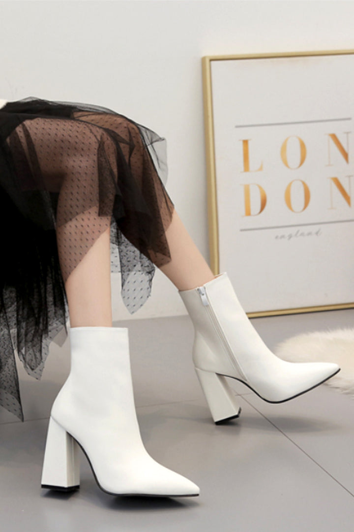 Flared Block Heel Sock Boots, White Pointed Toe Boots, Chunky Heeled Boots