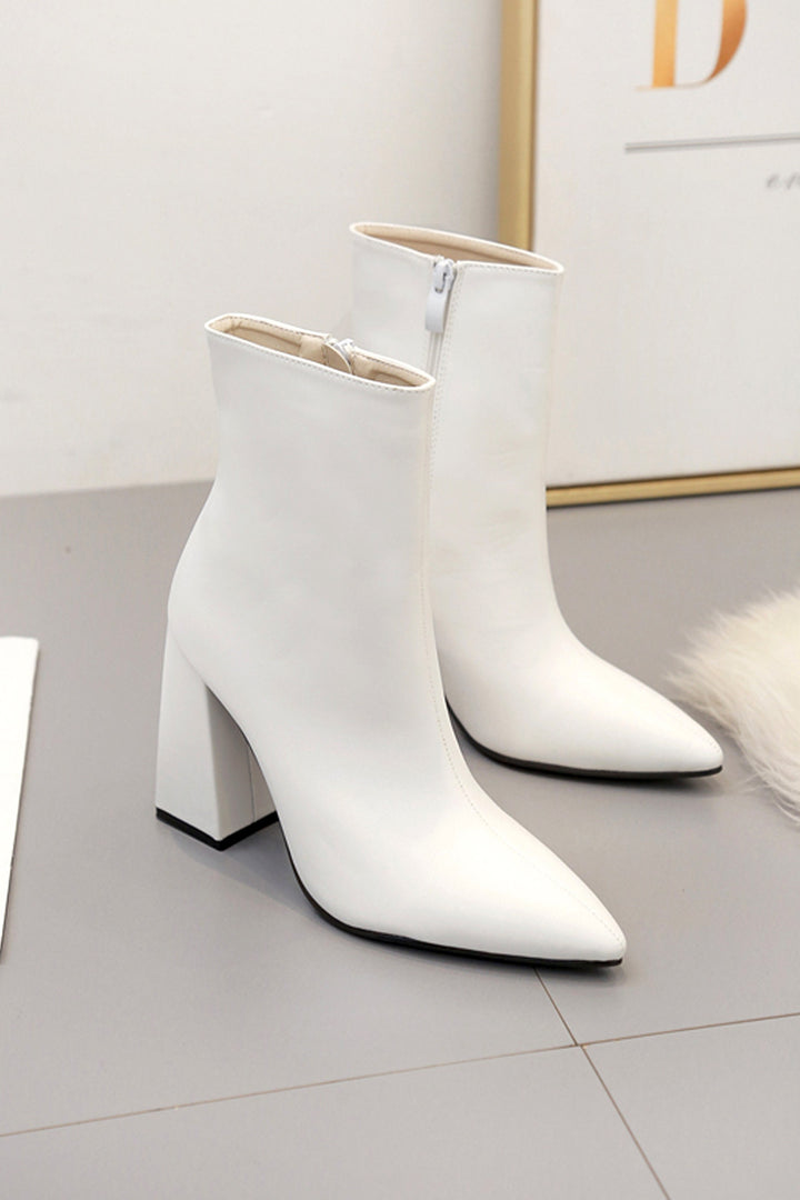 Flared Block Heel Sock Boots, White Pointed Toe Boots, Chunky Heeled Boots