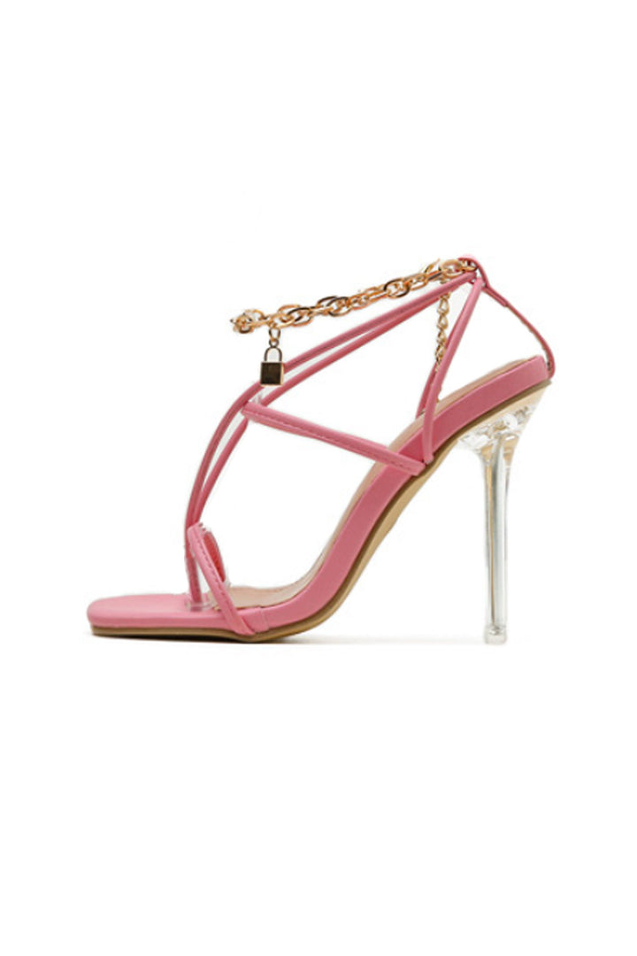 Tinsel Chain Padlock Detail Square Toe Clear Perspex Heels, Faux Leather Sandal Stiletto Heels, Available in Three Colours