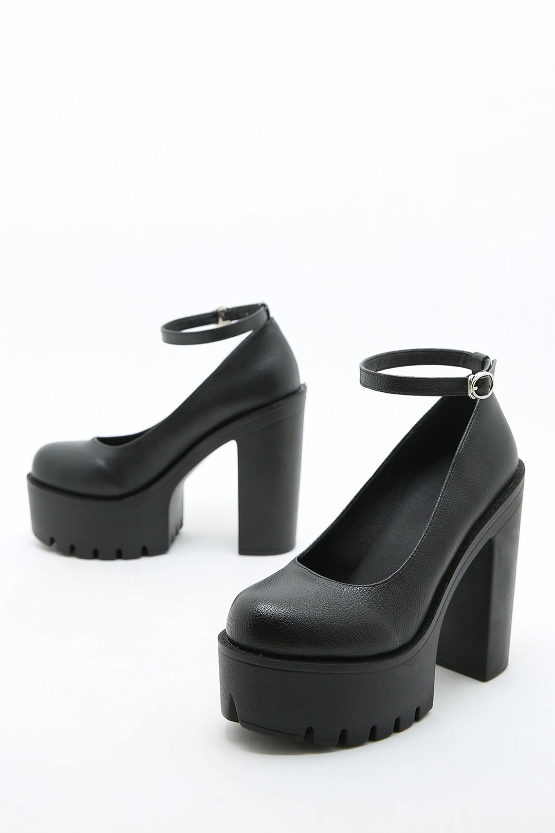 Platform Round Toe Chunky Heeled Ankle Strap Mary Janes, Platform Faux Leather Heeled Pumps, Available in Black & White