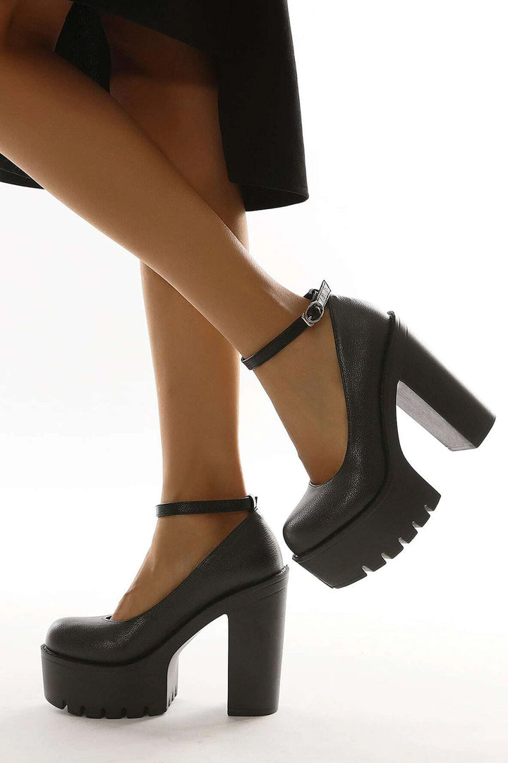 Platform Round Toe Chunky Heeled Ankle Strap Mary Janes, Platform Faux Leather Heeled Pumps, Available in Black & White