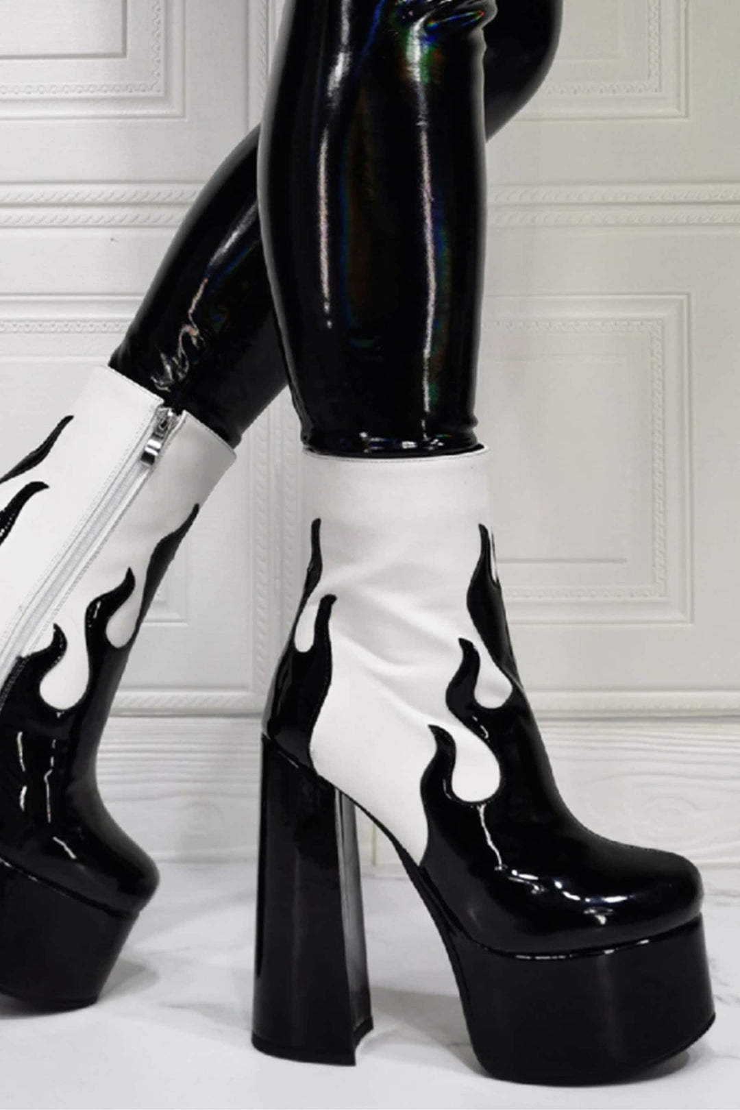 Chunky Platform Flared Heel Ankle Boots, Patent Faux Leather Black & White Heeled Boots, Flame Design