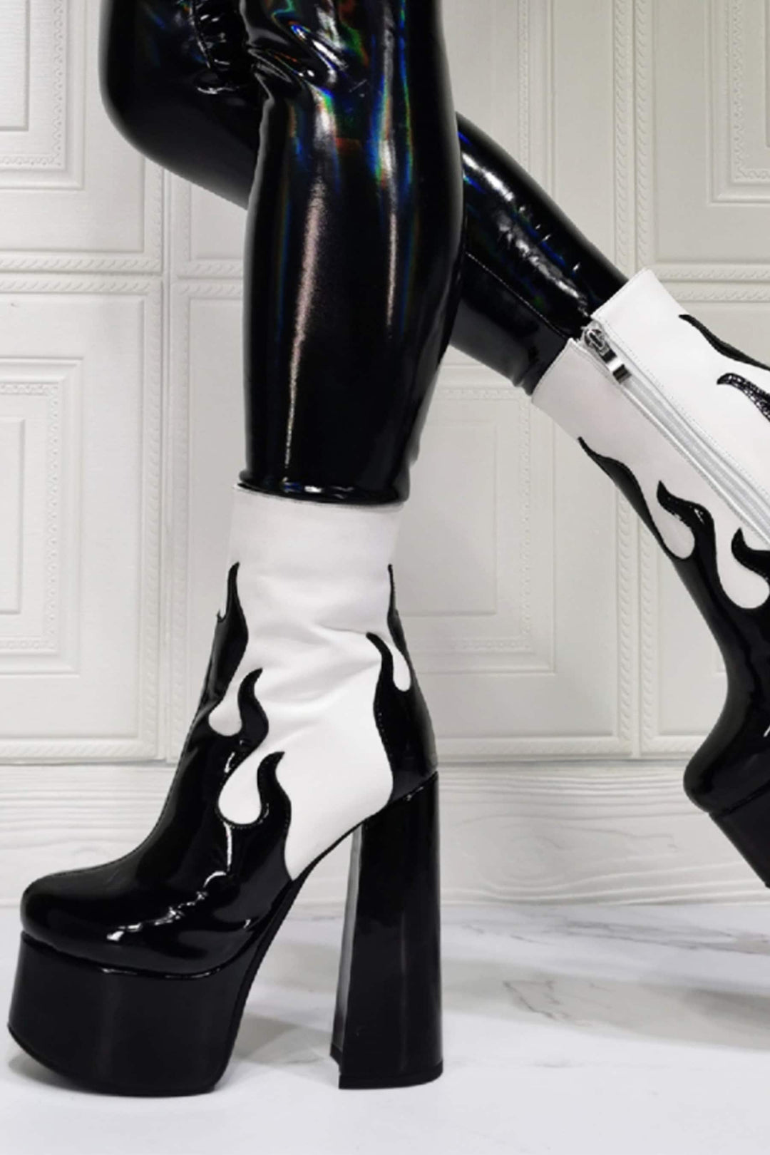 Chunky Platform Flared Heel Ankle Boots, Patent Faux Leather Black & White Heeled Boots, Flame Design