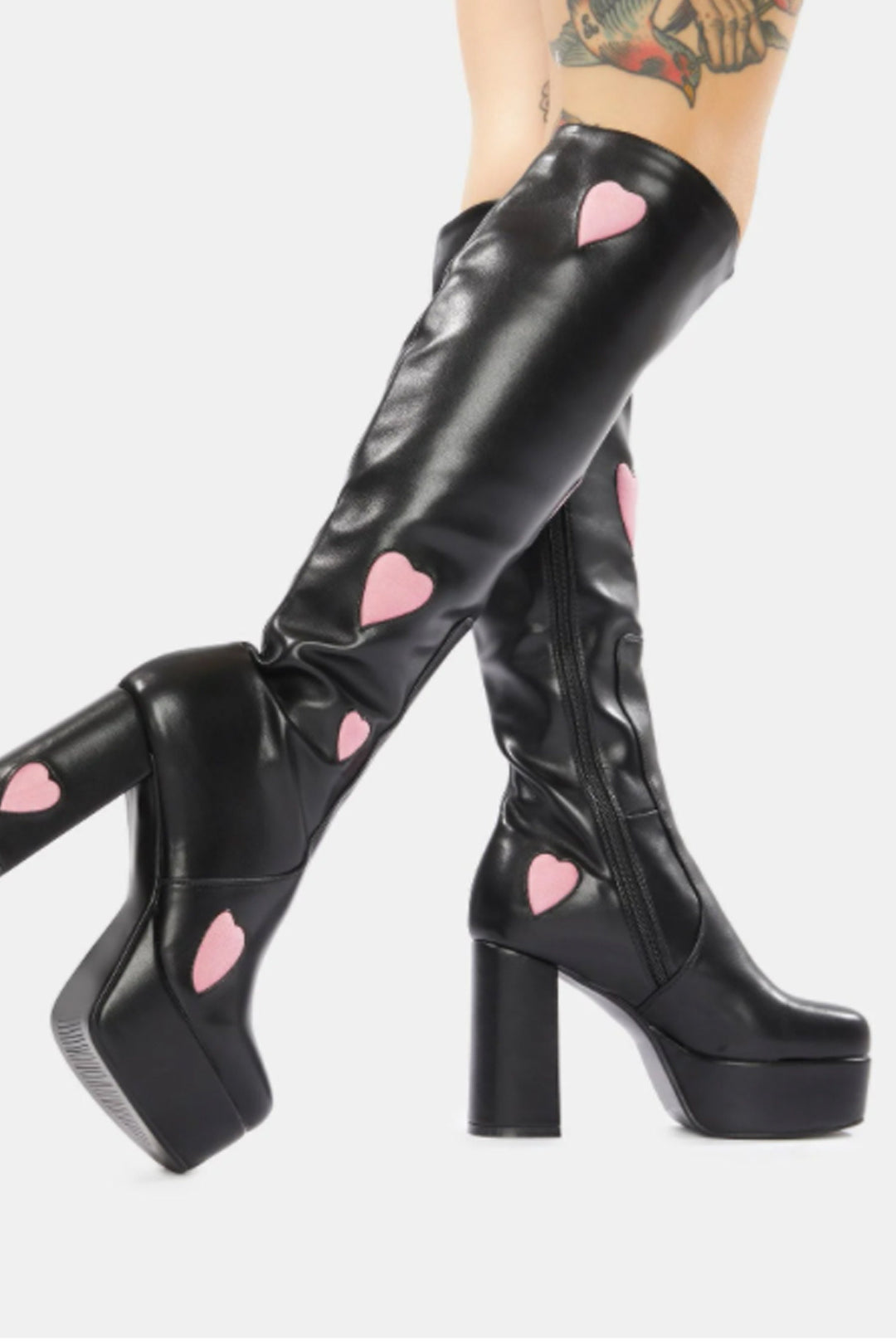 Platform Knee High Heart Print Block Heeled Boots, Side Zips, Black Faux Leather