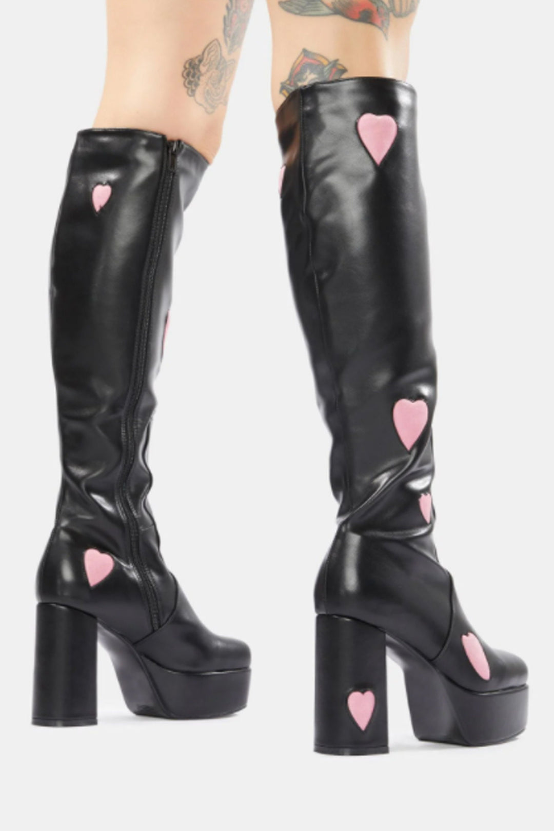 Platform Knee High Heart Print Block Heeled Boots, Side Zips, Black Faux Leather